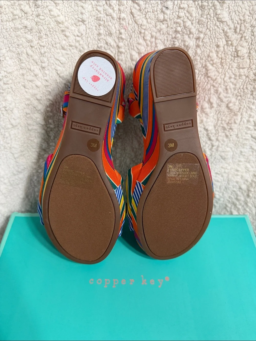 Copper Key Orange Multi Striped Wedge Sandals with Ankle Strap